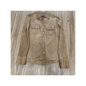 Vintage Gap Leather‎ Shirt Jacket Tan Pearl Snap Women’s Sz XS